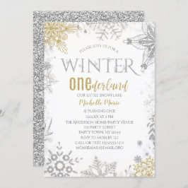 Convites Winter Onederland Birthday Silver Dourado Floco de