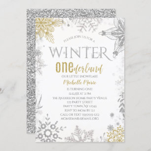 Convites Winter Onederland Birthday Silver Dourado Floco de