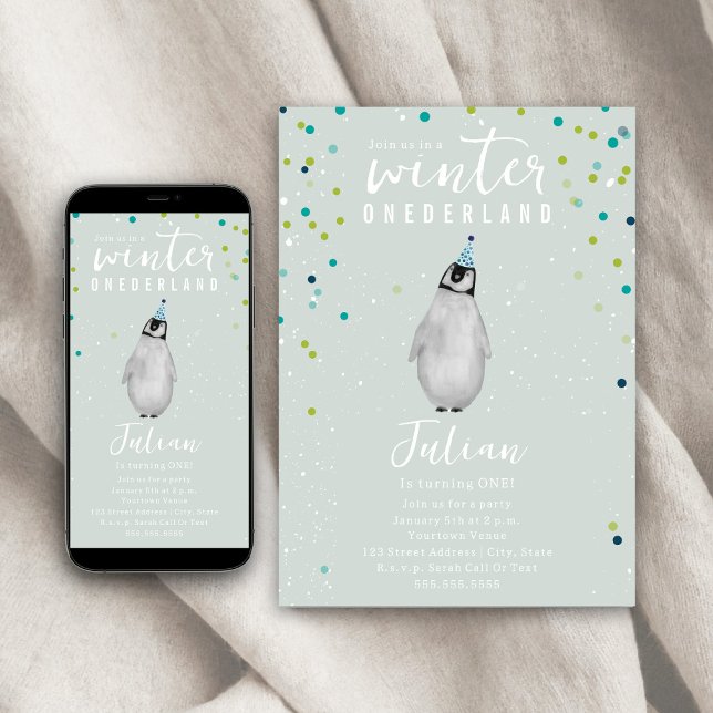 Convites Winter Onederland Blue Birthday Penguin Confetti (Criador carregado)