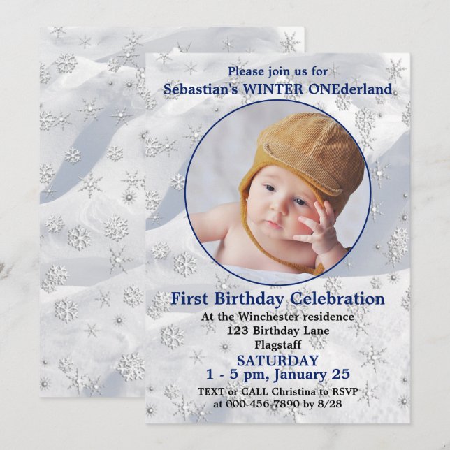 Convites Winter ONEderland Blue First Birthday Snowflake (Frente/Verso)