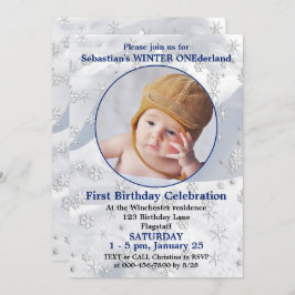 Convites Winter ONEderland Blue First Birthday Snowflake