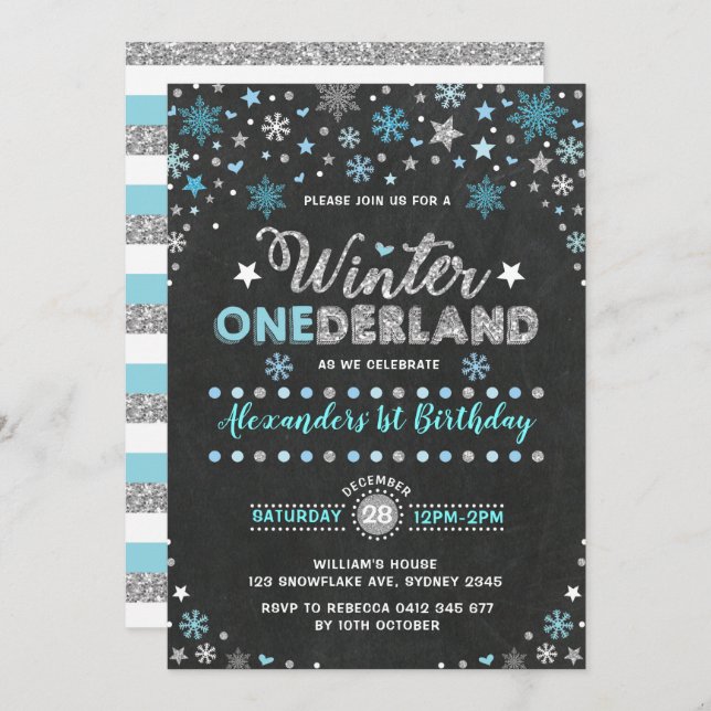 Convites Winter ONEderland Blue Silver Snowflakes Aniversár (Frente/Verso)