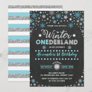Convites Winter ONEderland Blue Silver Snowflakes Aniversár