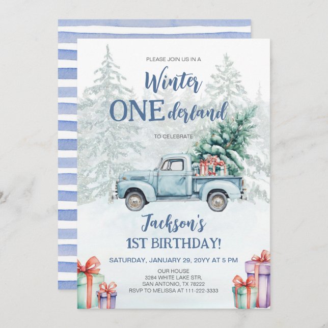 Convites Winter Onederland Blue Truck Primeiro Aniversário (Frente/Verso)