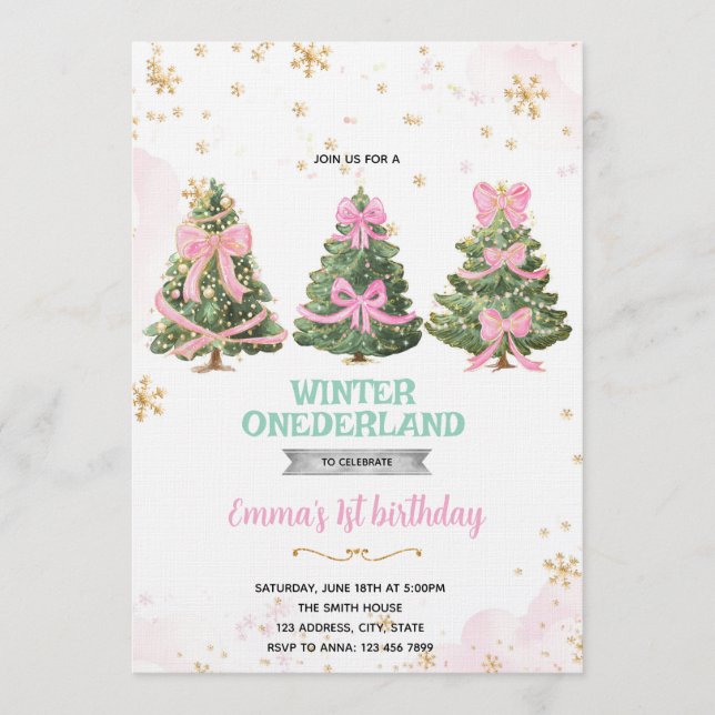 Convites Winter Onederland bow tree invitation (Frente)