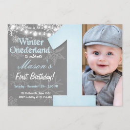 Convites Winter Onederland Boy Cinza Snowflake Aniversário