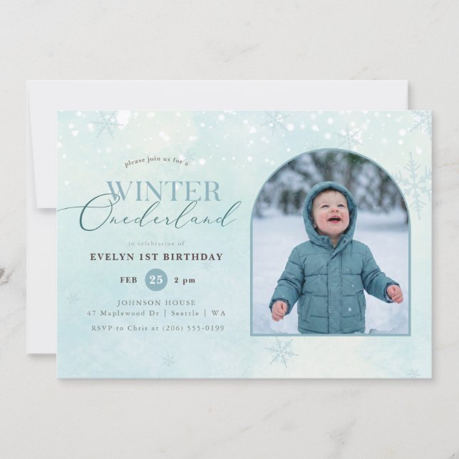 Convites Winter Onederland Boy Girl Arch Photo 1st Birthday (Frente)