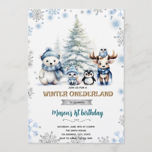 Convites Winter Onederland boy invitation (Frente)