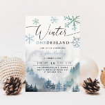 Convites Winter ONEderland Boy primeiro aniversario Mountai<br><div class="desc">Cartão de convite de aniversário do garoto moderno,  com arte aquosa da montanha de inverno com pinheiros com flocos de neve. O texto diz "Winter ONEDERLAND". Perfeito para o primeiro aniversário de um menino no inverno.</div>