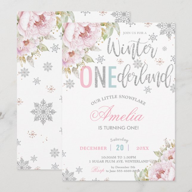 Convites Winter Onederland Christmas Baby Girl primeiro ani (Frente/Verso)
