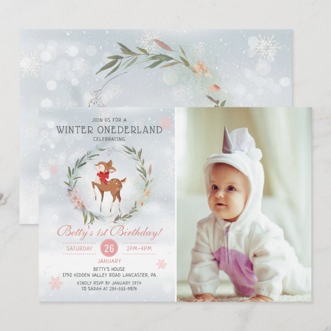 Convites Winter Onederland Deer Baby Primeira Foto De Anive (Frente/Verso)