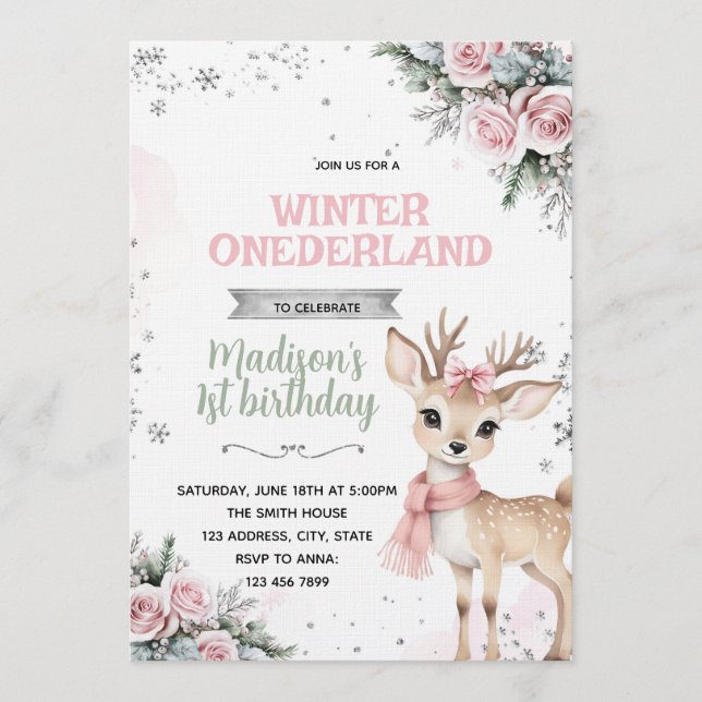 Convites Winter Onederland deer invitation (Frente)