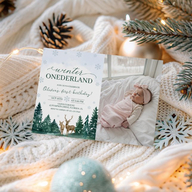Convites Winter ONEderland Deer Photo Invite (Criador carregado)