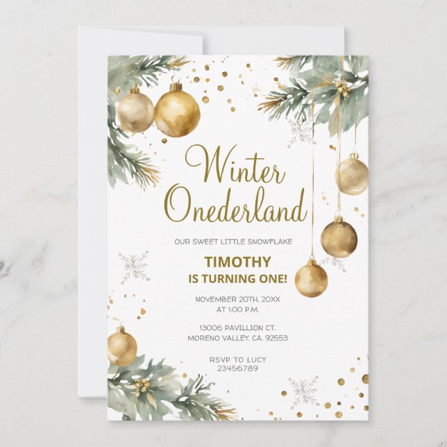 Convites Winter Onederland Dourado Baubles Party (Frente)