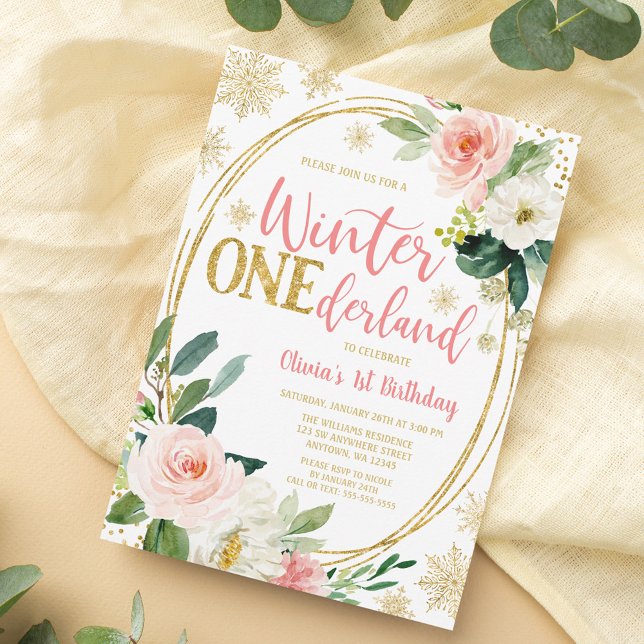 Convites Winter ONEderland Dourado Pink Floral Birthday (Criador carregado)