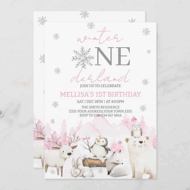 Convites Winter ONEderland first birthday (Frente/Verso)