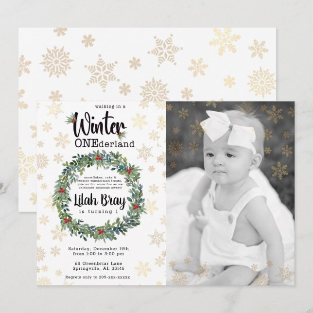 Convites Winter ONEderland First Birthday Photo Invitation (Frente/Verso)
