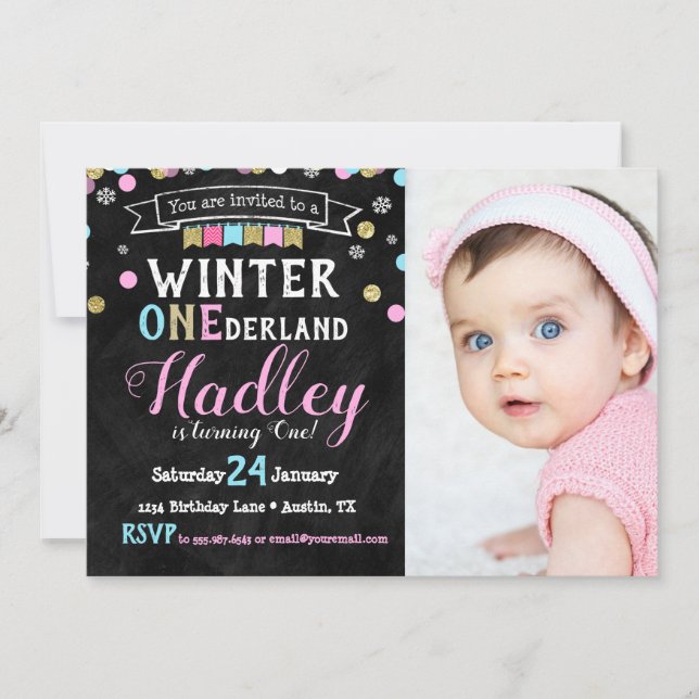 Convites Winter Onederland First Birthday Photo Invitation (Frente)