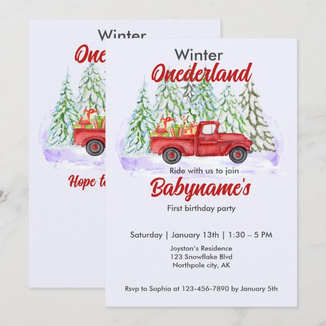 Convites Winter Onederland First Birthday Red Truck Present (Frente/Verso)