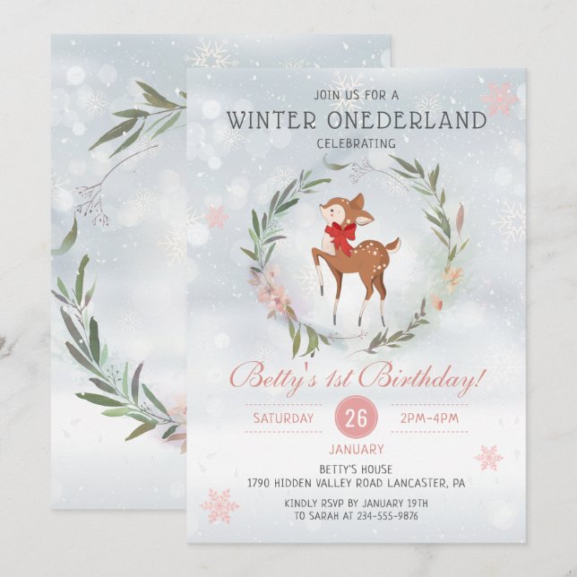 Convites Winter Onederland Floral Deer Baby primeiro aniver (Frente/Verso)