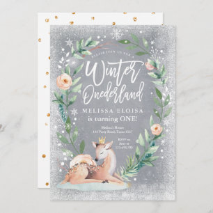 Convites Winter ONEderland Floral Silver Deer Birthday