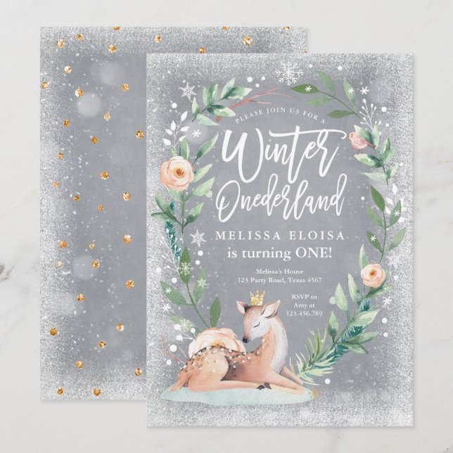 Convites Winter ONEderland Floral Silver Woodland Aniversár (Frente/Verso)