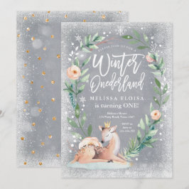 Convites Winter ONEderland Floral Silver Woodland Aniversár