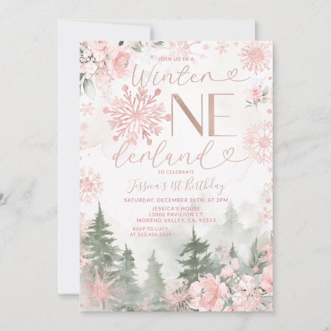 Convites Winter Onederland Forest Pink Snowflake Birthday (Frente)