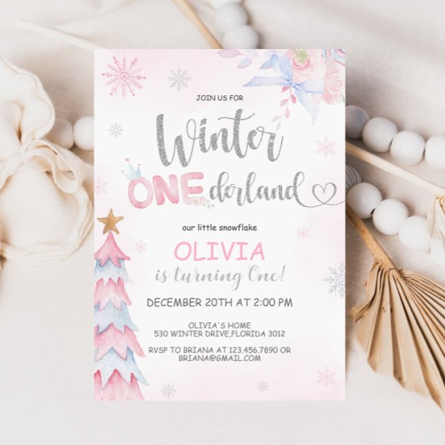 Convites Winter Onederland Girl Birthday Pink Silver (Criador carregado)
