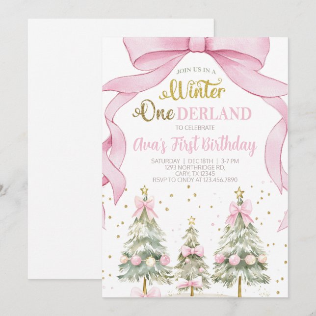 Convites Winter ONEderland girl Christmas birthday invite. (Frente/Verso)
