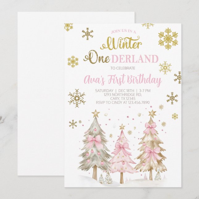 Convites Winter ONEderland girl Christmas birthday invite. (Frente/Verso)