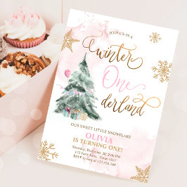Convites Winter Onederland Girl Dourada Rosa primeiro anive