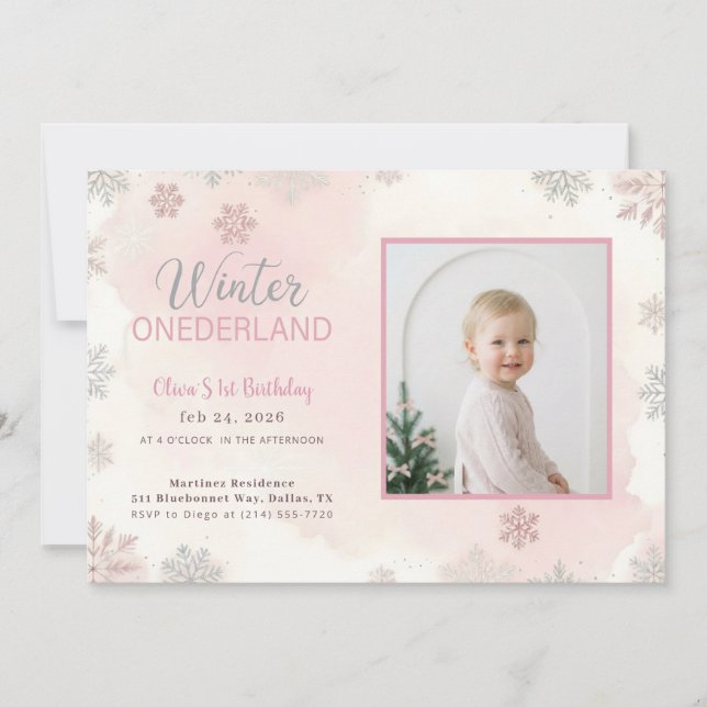 Convites Winter Onederland Girl Photo First Birthday (Frente)