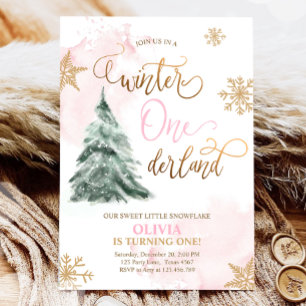 Convites Winter Onederland Girl Rosa Dourado primeiro anive