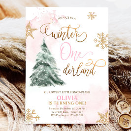Convites Winter Onederland Girl Rosa Dourado primeiro anive