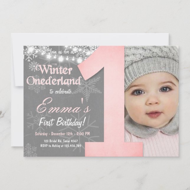 Convites Winter Onederland Girl Snowflake Birthday (Frente)