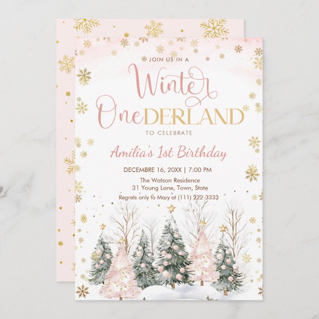 Convites Winter Onederland Gold Snowflakes 1st Birthday (Frente/Verso)