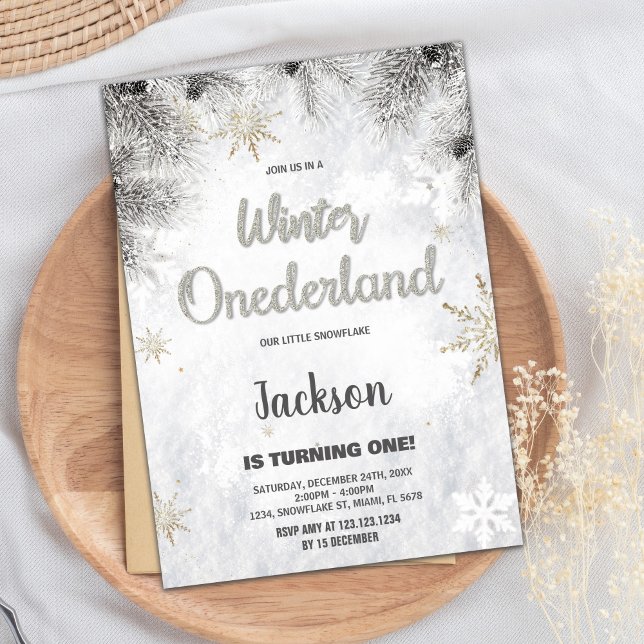 Convites Winter ONEderland Invtions Pine Silver Glitter (Winter ONEderland Invitations Pine Silver Glitter)