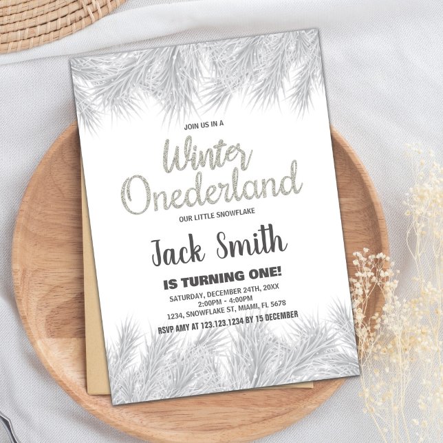 Convites Winter ONEderland Invtions Silver Glitter Pine (Winter ONEderland Invitations Silver Glitter Pine)