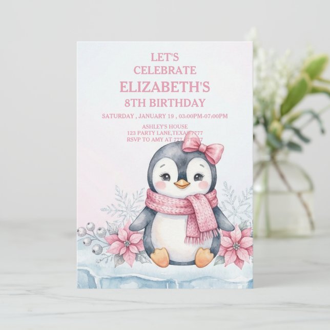 Convites Winter Onederland Penguin Girl Birthday (Em pé/Frente)