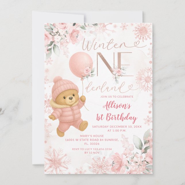 Convites Winter ONEderland Pink Bear Balloon 1st Birthday (Frente)