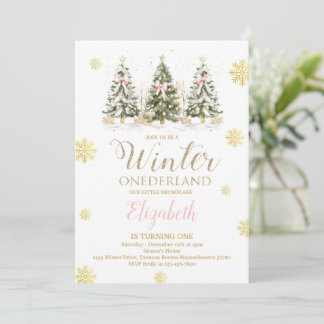 Convites WINTER ONEderland Pink & Faux Gold 1st Birthday I