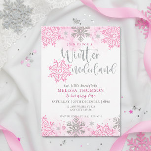 Convites Winter Onederland Pink Sparkle Snowflake Aniversár