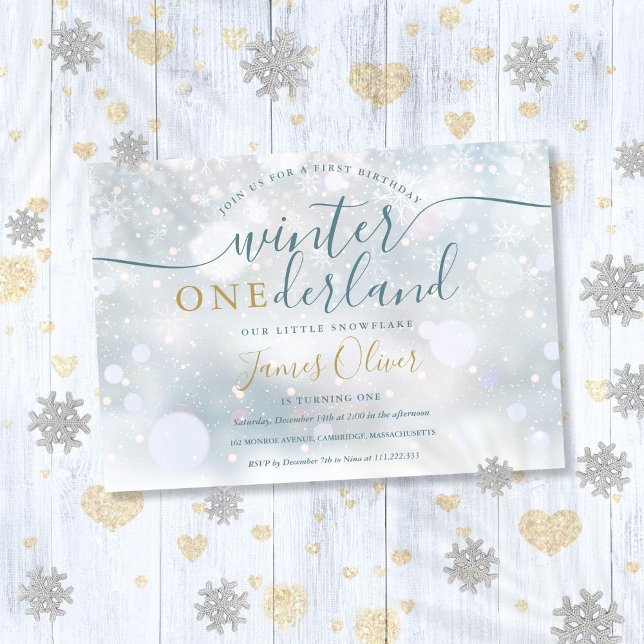 Convites Winter Onederland primeiro aniversario Blue E Dour (Winter Onederland 1st Birthday Blue And Gold Invitation)