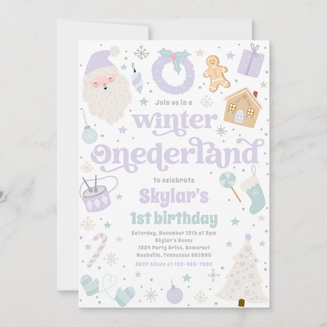 Convites Winter ONEderland Purple Christmas Festa de aniver (Frente)