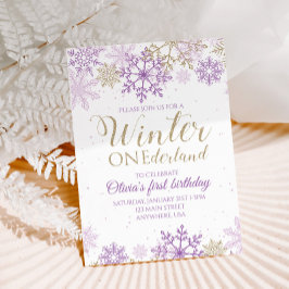 Convites Winter Onederland Purple e Dourado Floco de Neve I