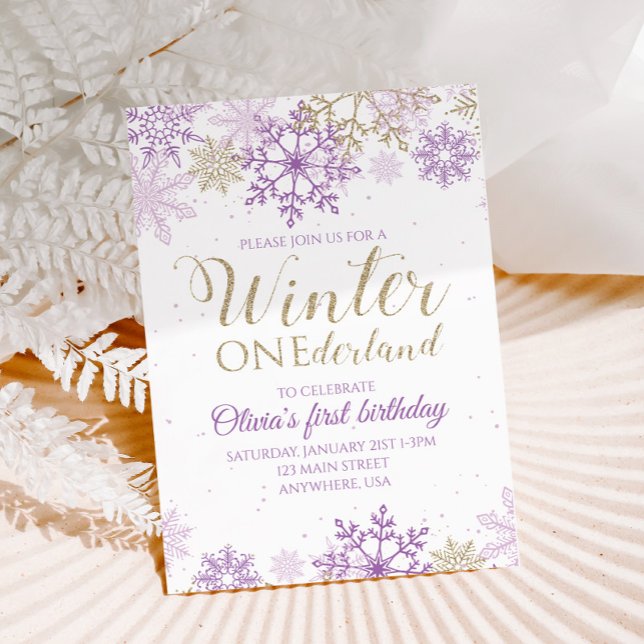 Convites Winter Onederland Purple e Dourado Floco de Neve I (Criador carregado)