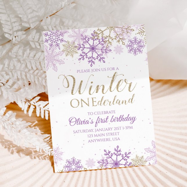 Convites Winter Onederland Purple e Dourado Floco de Neve I (Criador carregado)