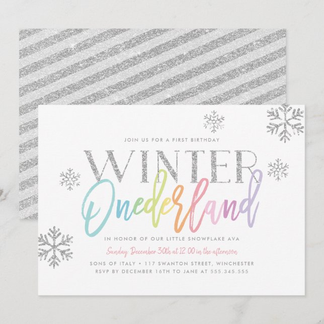 Convites Winter ONEderland Rainbow Silver Glam primeiro ani (Frente/Verso)