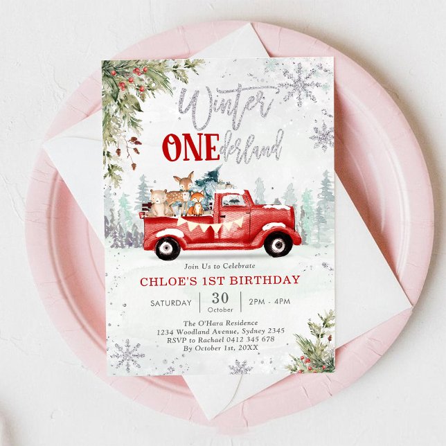 Convites Winter ONEderland Red Truck 1st Birthday (Criador carregado)